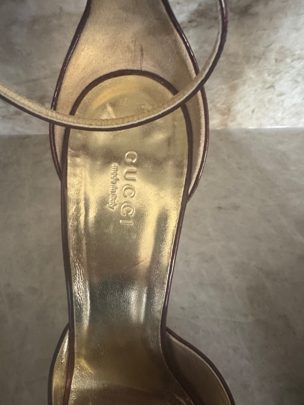 Gucci Women's Maroon Patent Leather Peep-Toe Ankle-Strap Heels - Picture 2 of 9